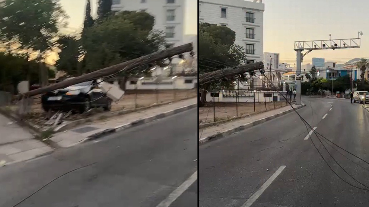 Girne'de kaza: Elektrik direği yola devrildi...